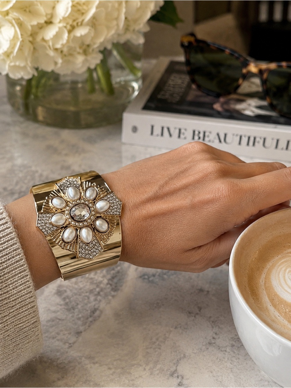 Statement Gold Cuff Bracelet with T-Shaped Pearl and Rhinestone Details